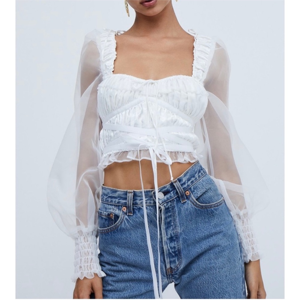 For Love & Lemons White Sheer Crop Blouse with Long Sleeves and Smocked Details